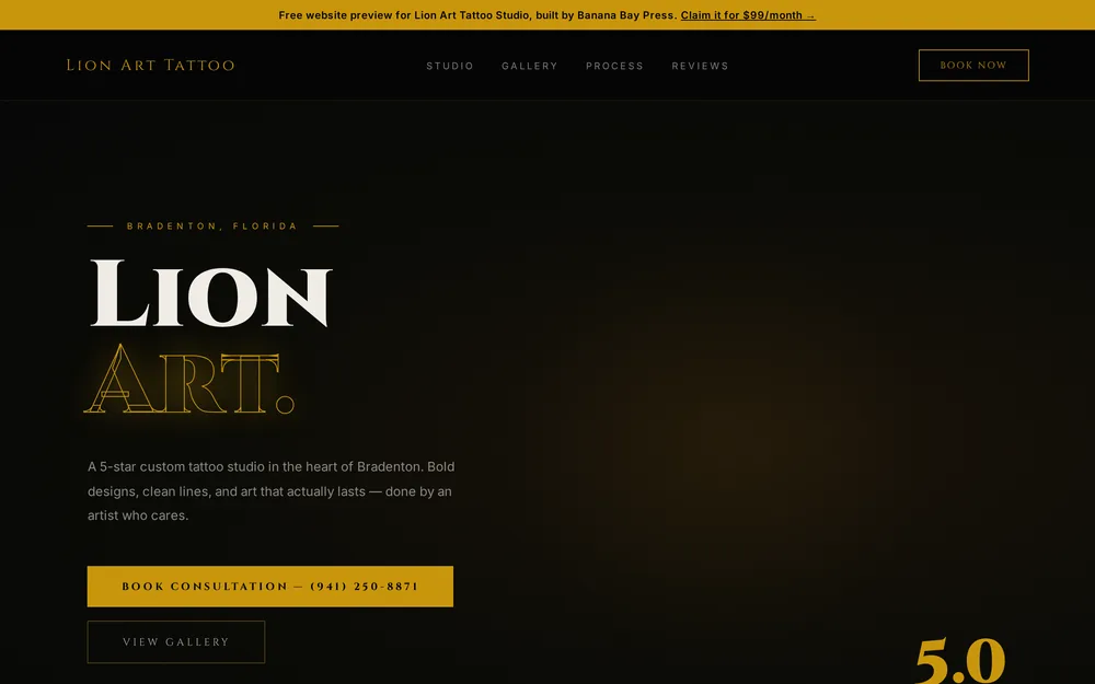 Lion Art Tattoo Studio website built by Banana Bay Press